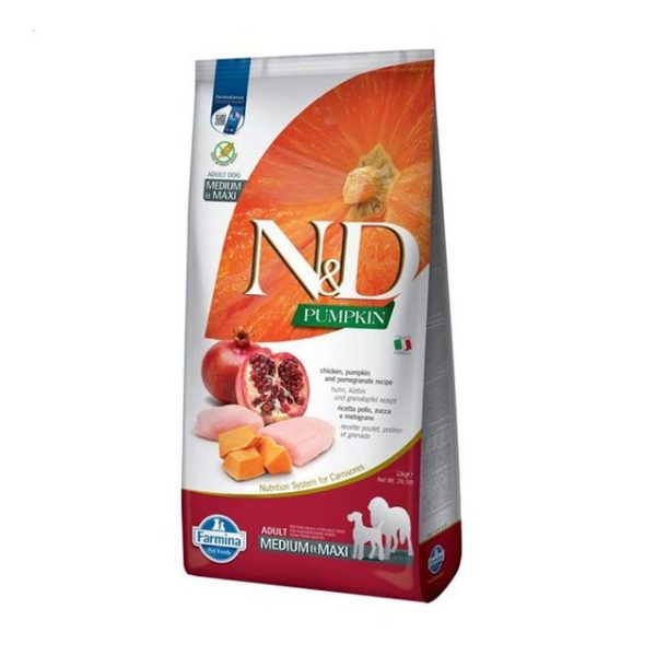Farmina N&D Grain Free Pumpkin Adult Medium & Maxi Chicken & Pomegranate — беззерновий сухий корм для дорослих собак середніх і великих порід (курка, гарбуз, гранат)